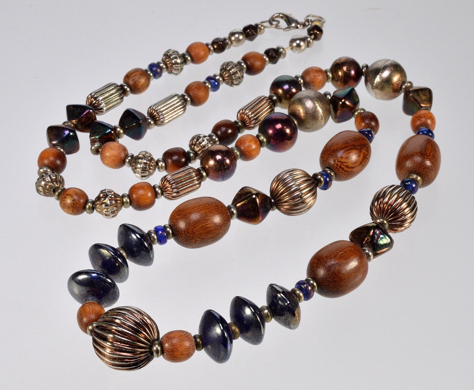 VTG ART GLASS CERAMIC WOOD METAL BEAD NECKLACE 34″ C.1980