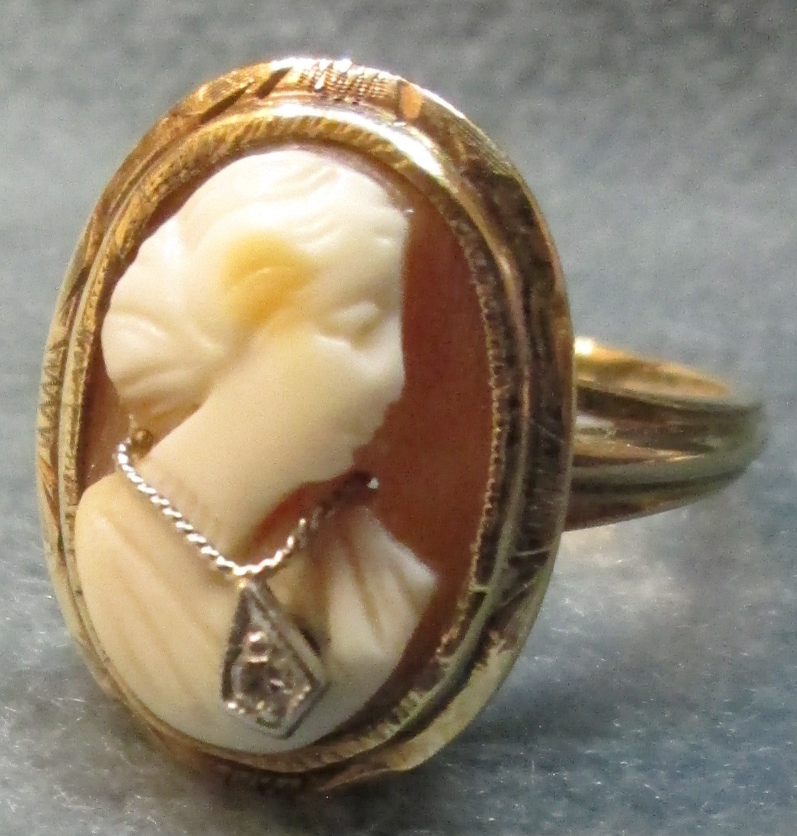 Victorian Size 5 1/4 Solid BDA 10K Gold With 10 Point Diamond Cameo Ring