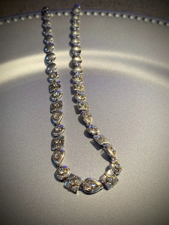 Vintage MONET Signed Two-Tone Silver/Gold Rhinestone Necklace 17″