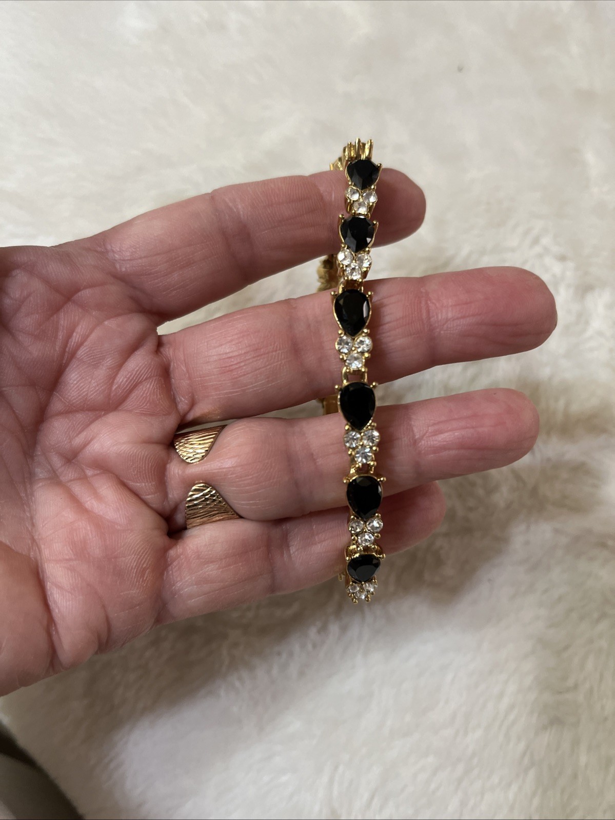 Vintage Monet Black & Clear Rhinestone Tennis Bracelet 7”