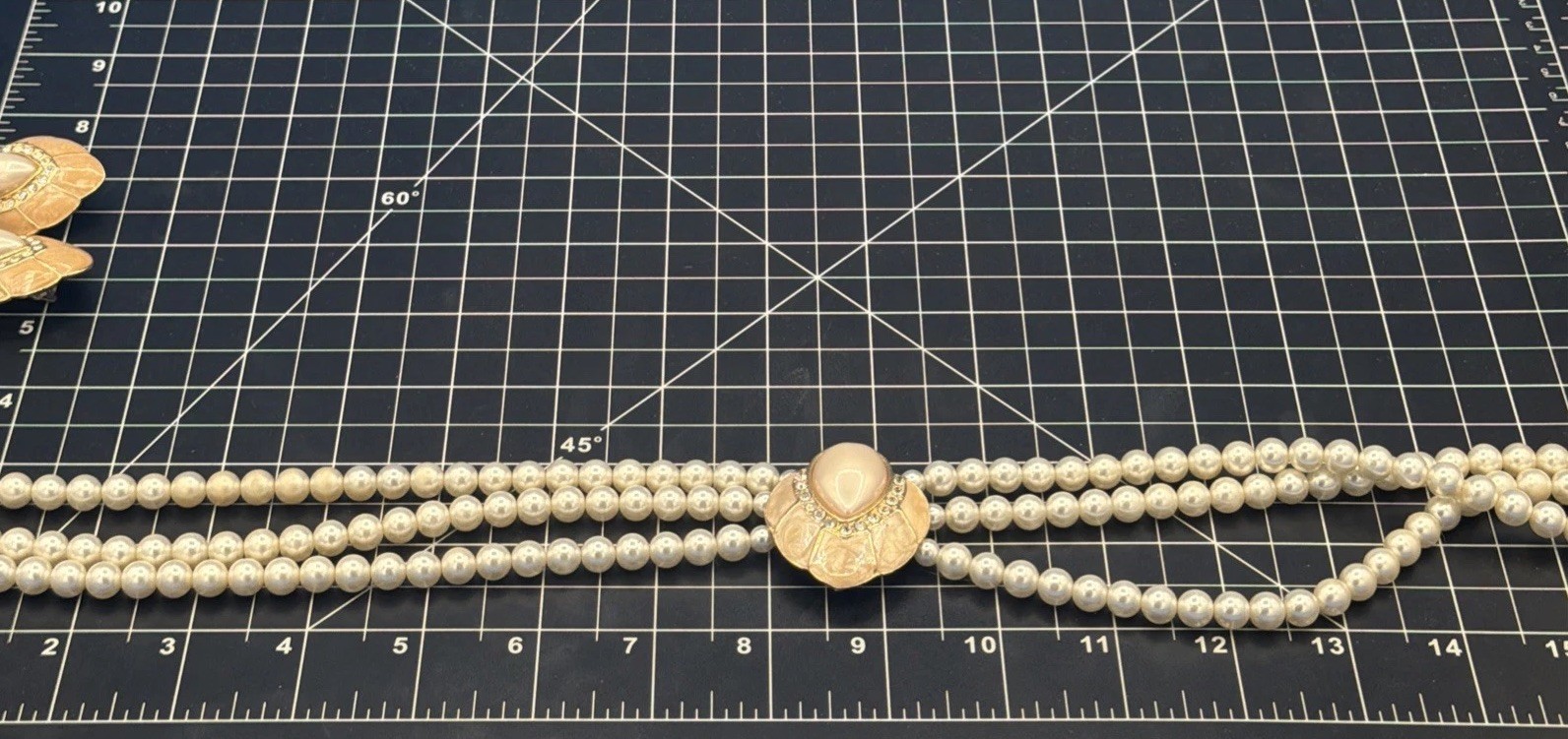 Vintage Necklace & Clip-On Earrings Set – 3‑Strand Faux Pearls Rhinestone Center