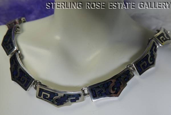 AZURE INLAID STURDY Sterling Silver 0.925 Estate 17″ NECKLACE w/ TONGUE & GROOVE