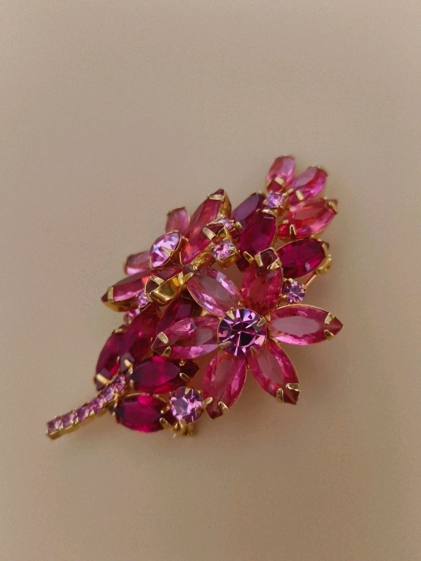 Juliana Layered Rose Pink & Ruby Red Dbl Flower Rhinestone Brooch #85