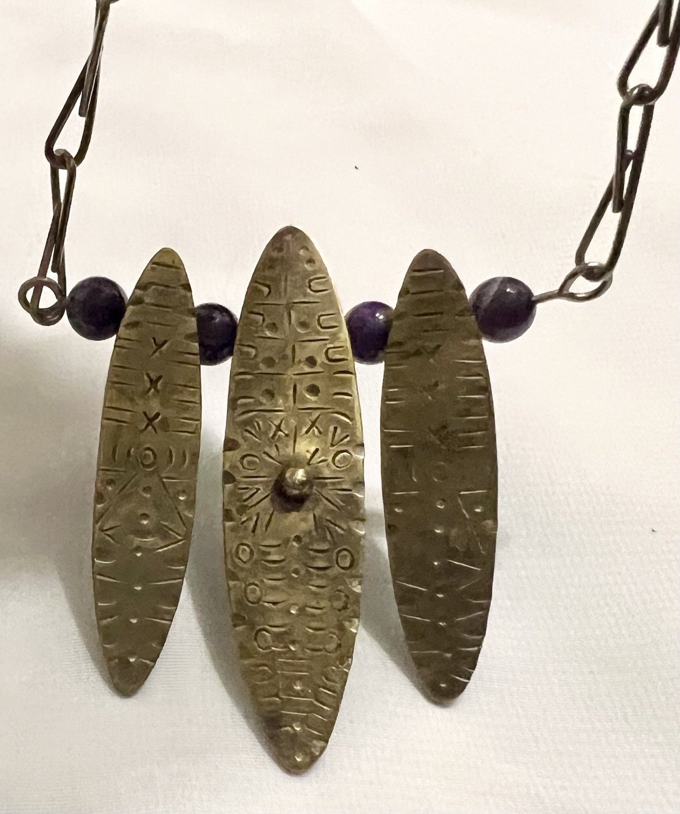 Abstract BRUTALIST Brass Metal AMETHYST BEAD PENDANT & Necklace Chain VINTAGE