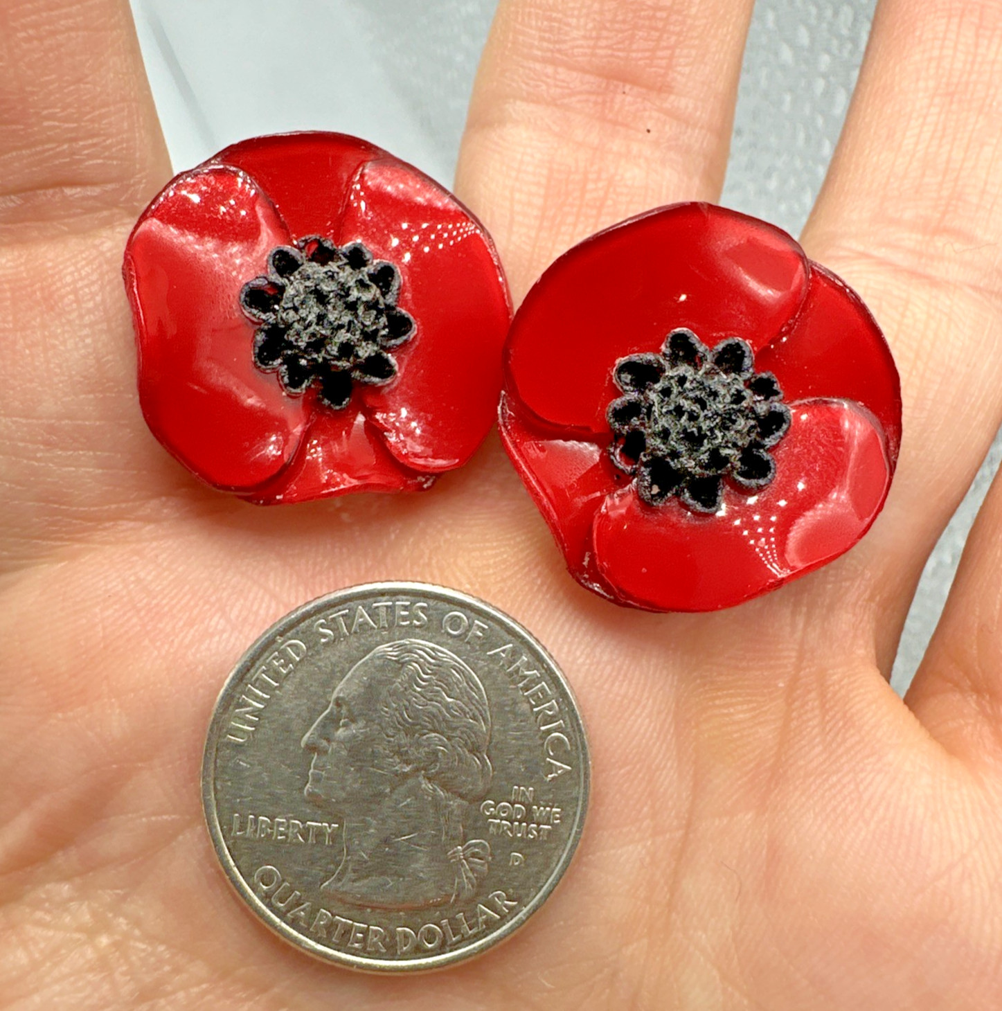 Cilea Paris Vintage Handmade Designer Resin Red Poppy Flower Clip Earrings