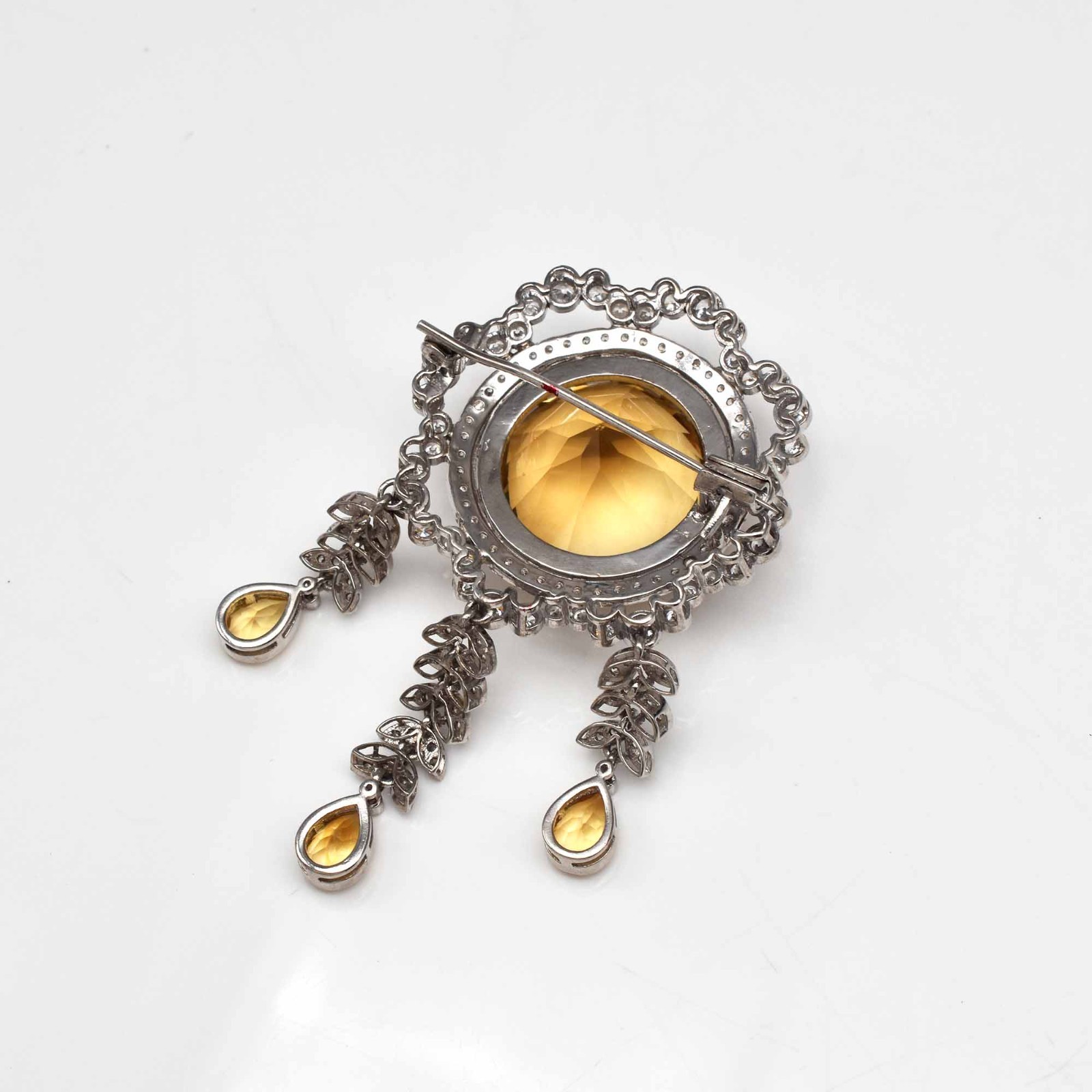 Natural Yellow Citrine Round Cubic Zirconia Stone Silver Brooch Pendant Unisex