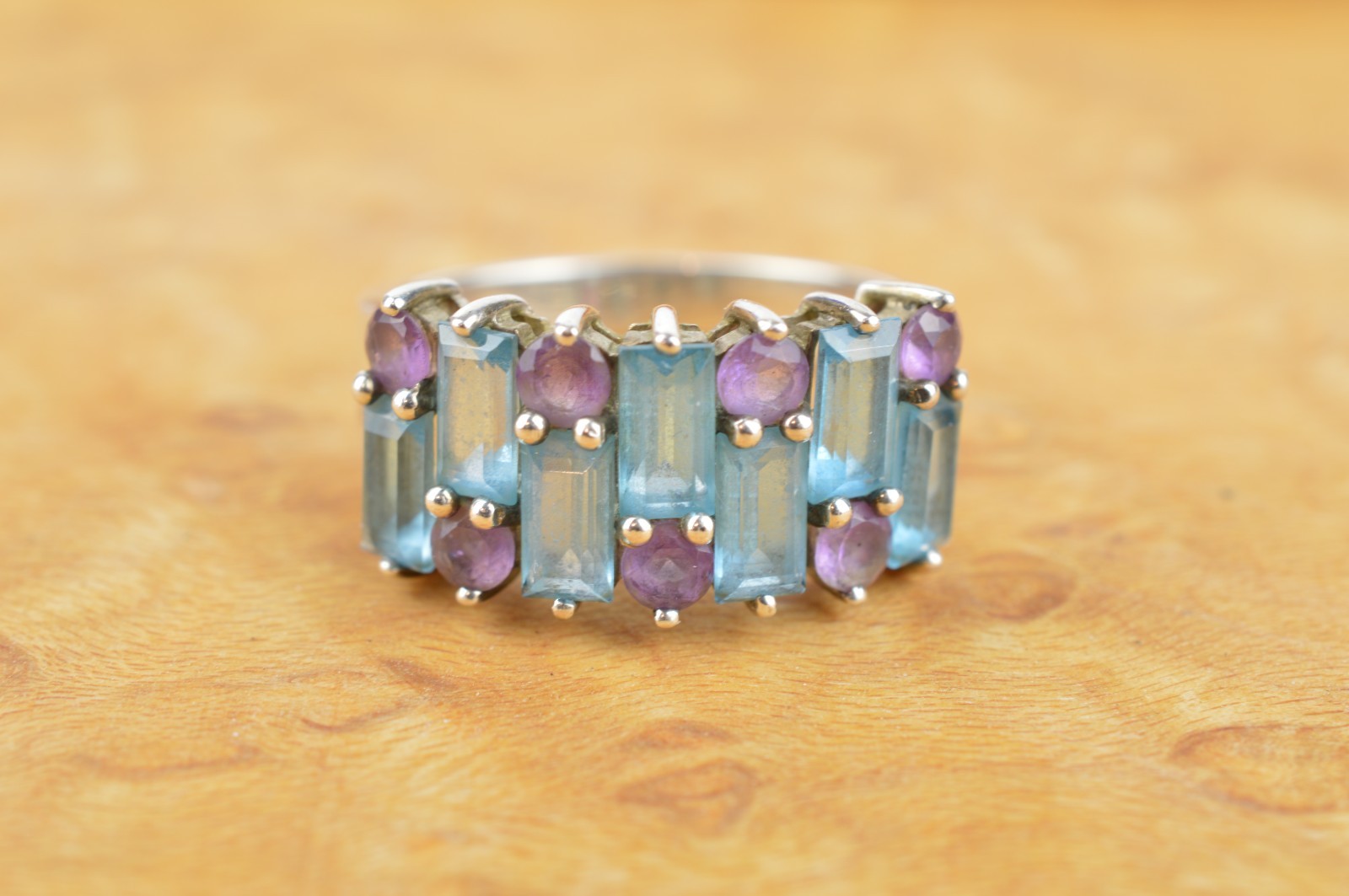 HN Ring Sterling Silver 925 with Topaz and Amethyst, Size 7.75