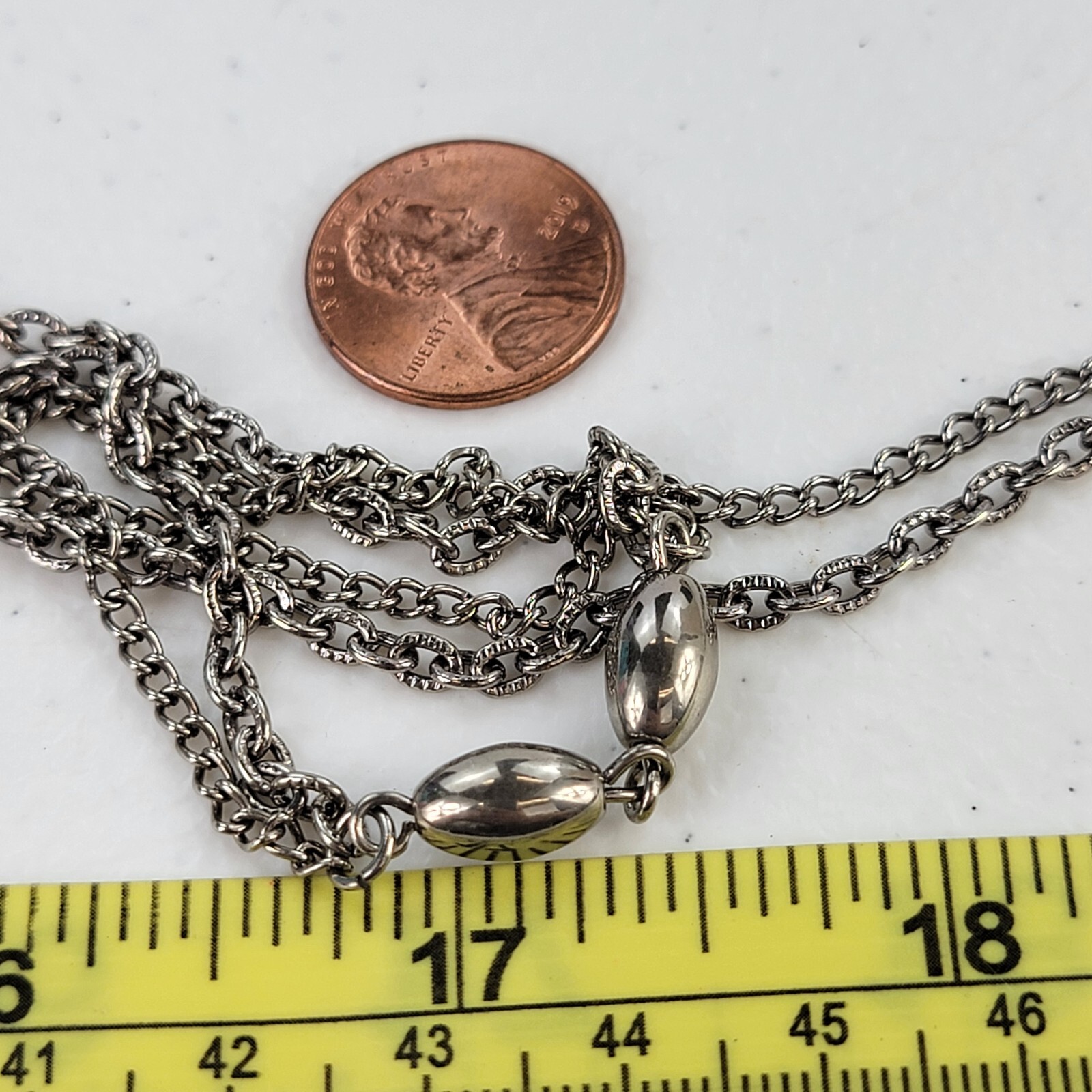 Vintage Silver-Tone Double Chain Oval Metal Bead Charm Station Necklace 54 in