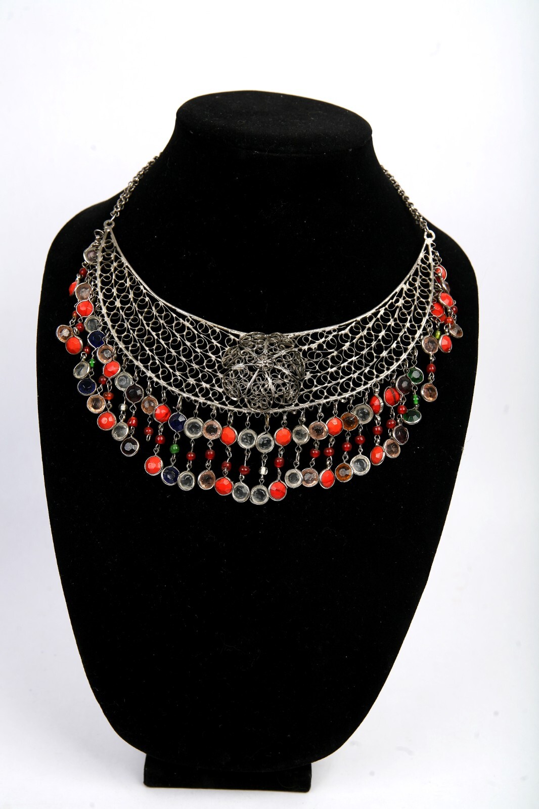 Vintage Bib Collar Choker Necklace Beaded Fringe Artisan Hand Made Mesh Filigree