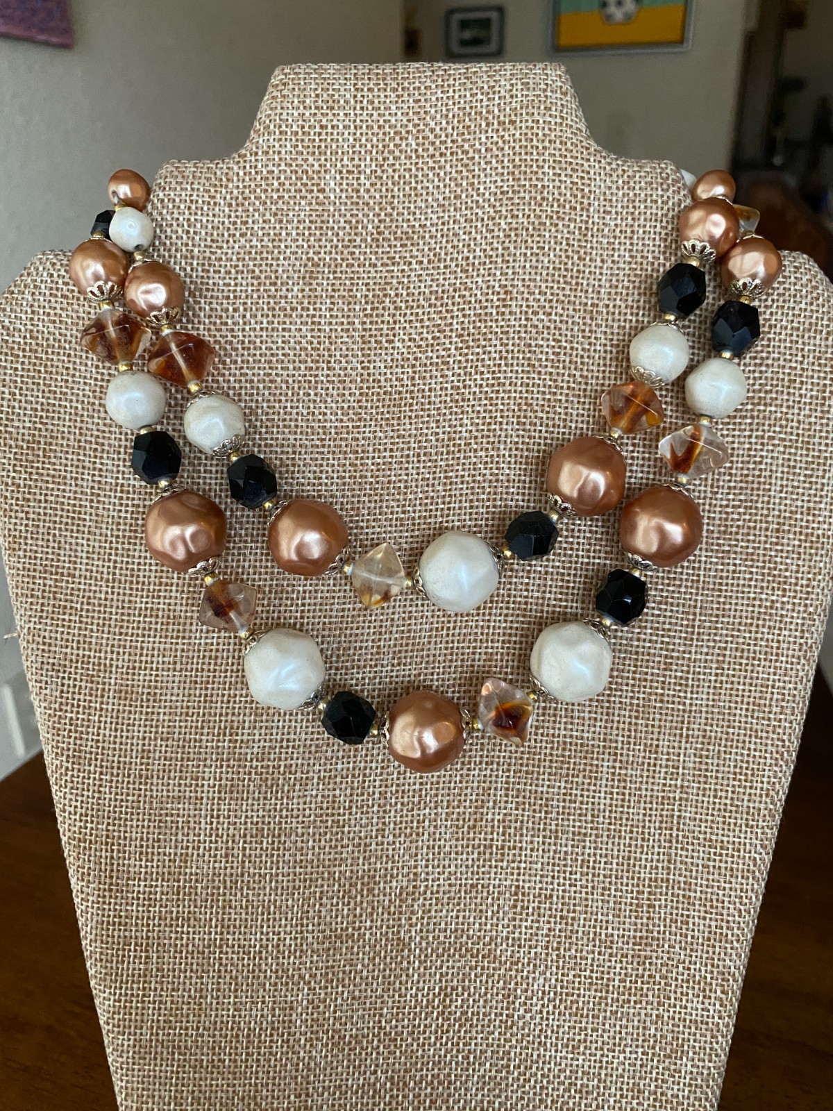 Vintage Japan 2 Strand Necklace Glass & Pearls Black White Brown