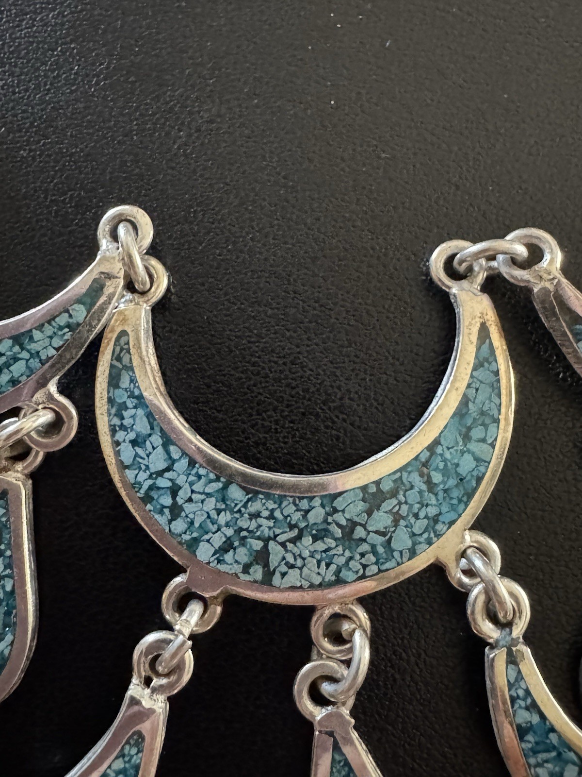 Vintage Southwestern Turquoise Inlay Statement Necklace 8”x4” 35g Silver Tone