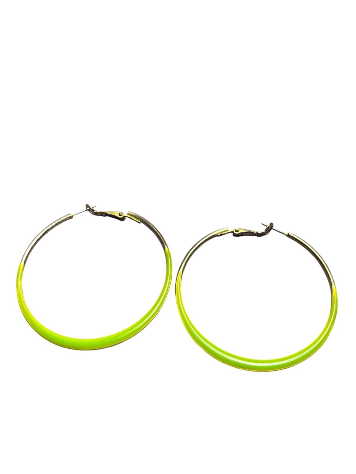 Vintage Y2K Goldtone Lime Green Enamel Hoop Earrings 2 inches