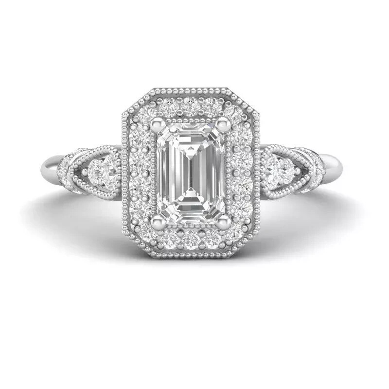 Emerald Cut Lab Created Diamond Art Deco Style Wedding Ring 14k White Gold FN
