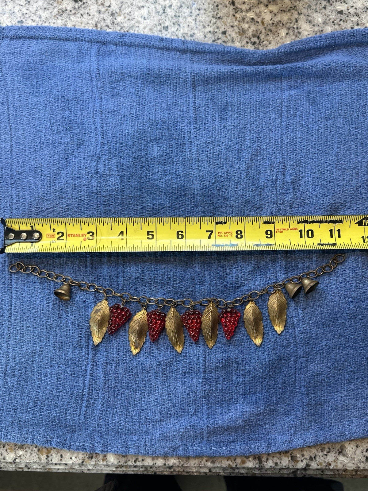 VINTAGE GLASS GRAPE CLUSTERS WITH BRASS BELLS & LEAVES BRACELET COSTUME JEWELERY
