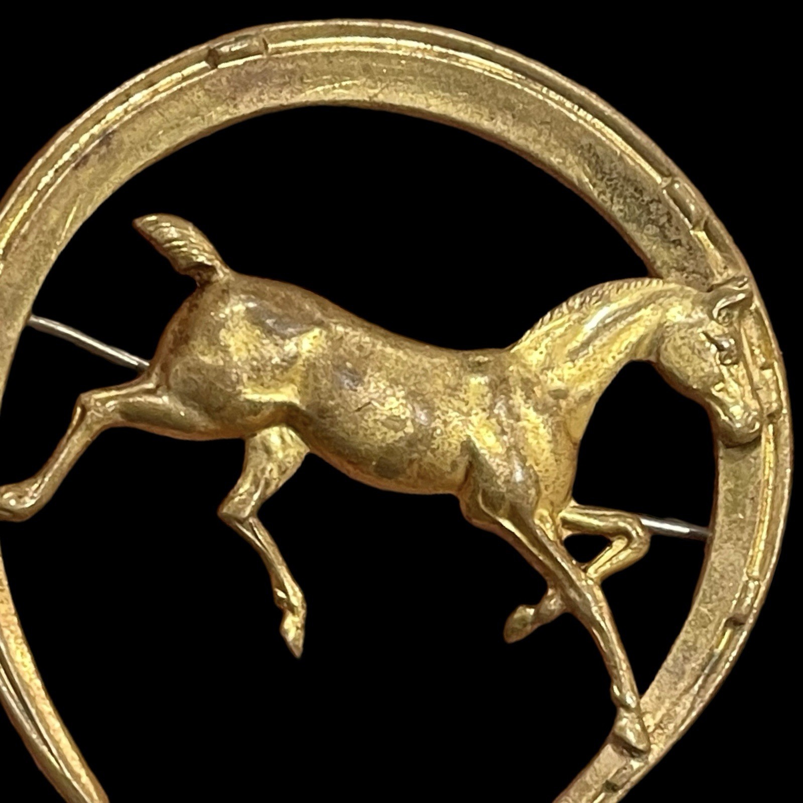 Horseshoe Pin Running Horse Riding Trotter Equestrian Brass Vintage Brooch Lucky