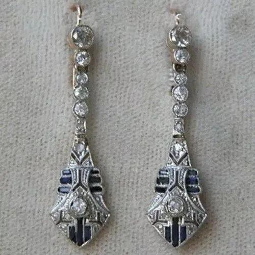 Art Deco Style 925 Silver White Diamond Bridal Drop Dangle Engagement Earrings