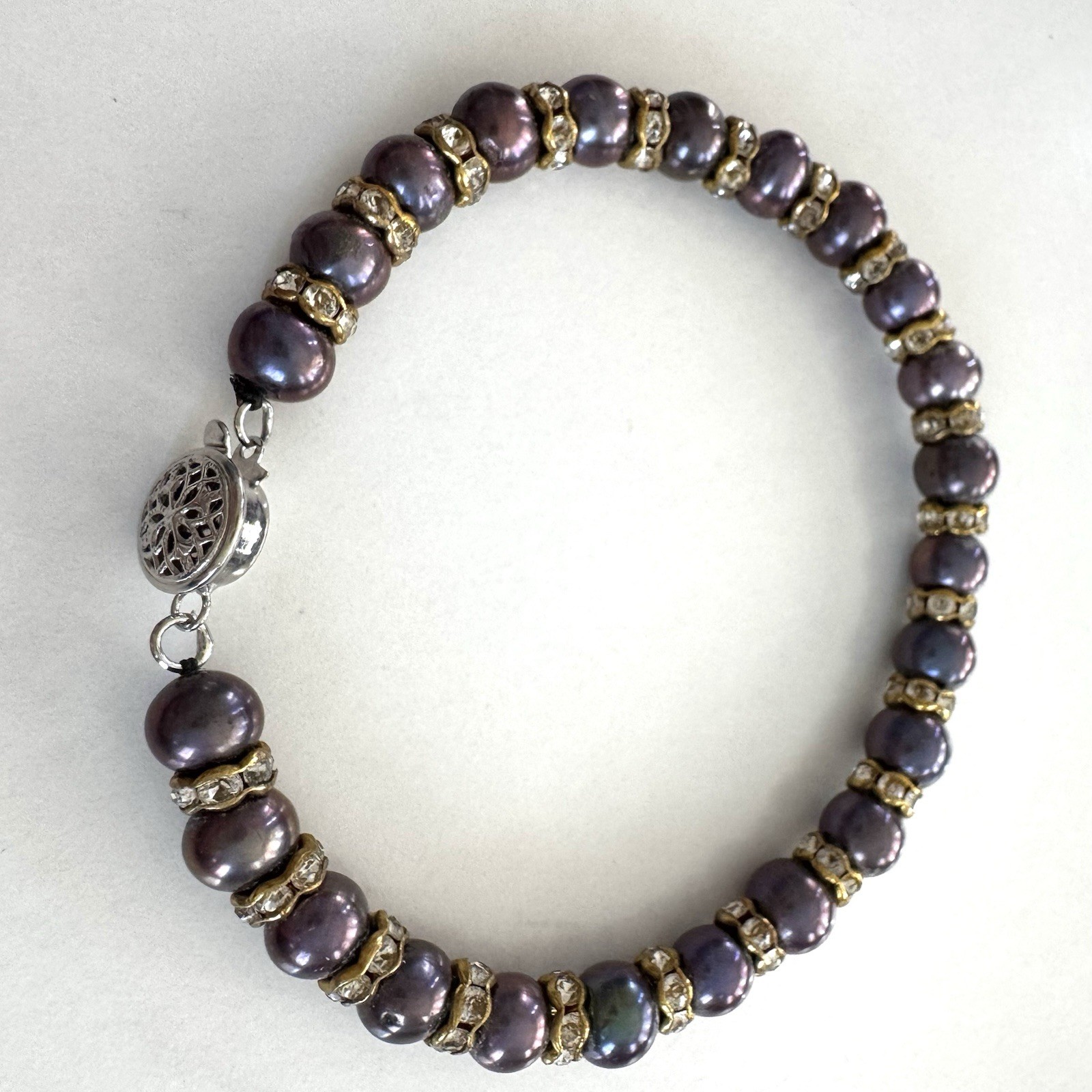 VTG Freshwater Pearl Bracelet Peacock Purple Rhinestone Rondelles Box Clasp 7.5”