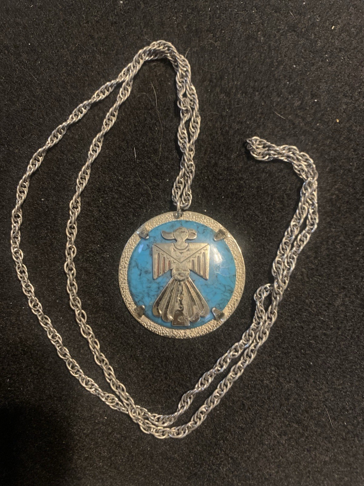 VINTAGE BELL TRADING CO NICKEL SILVER TURQUOISE THUNDERBIRD PENDANT NECKLACE