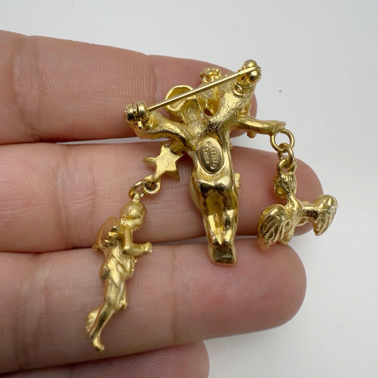 Vintage Kirks Folly Enamel Rhinestone Cherub Angel Dangle Goldtone Brooch Pin