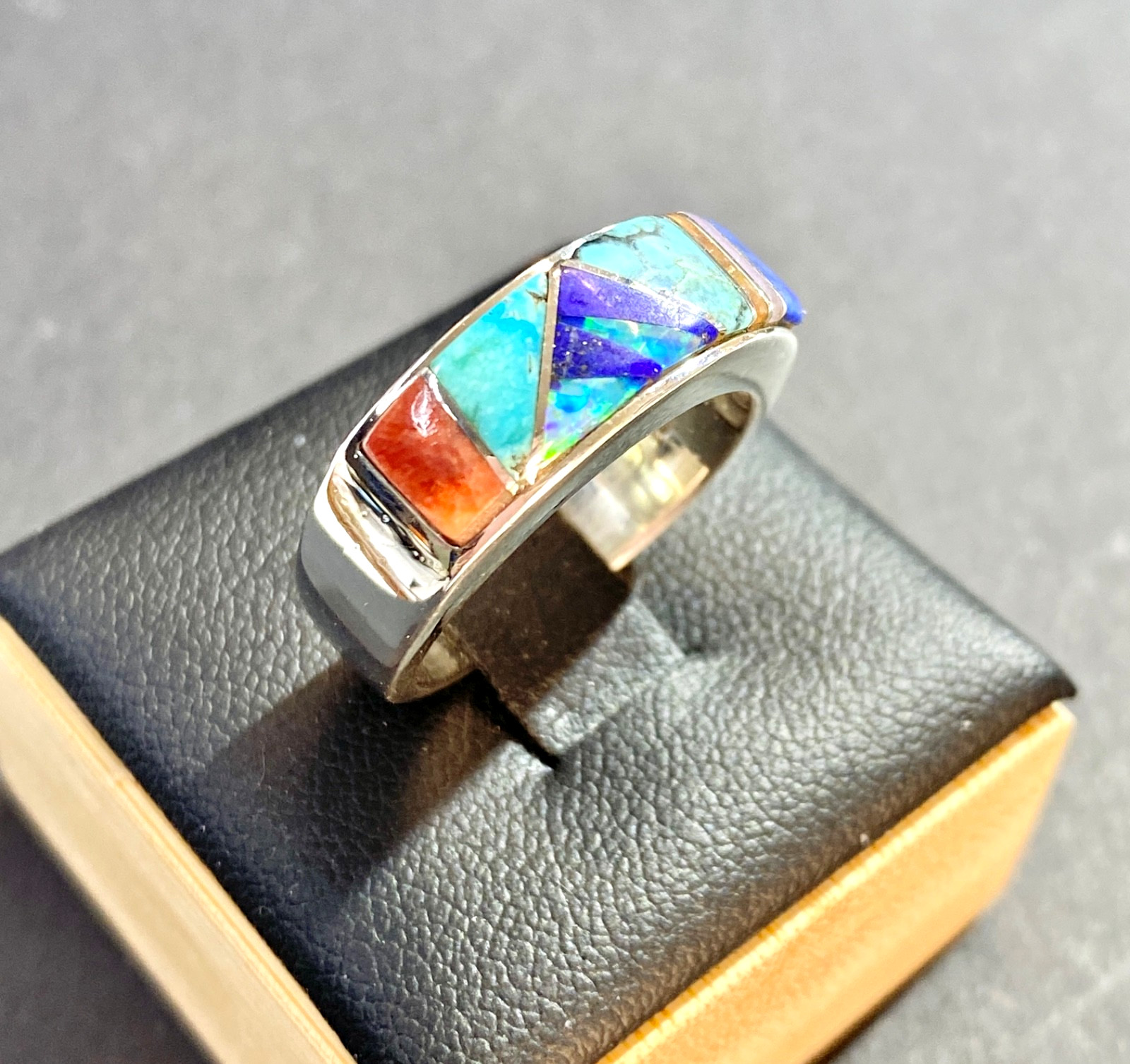 Vintage Sterling Navajo Earl Plummer Multi-Stone Channel Inlay Ring Size 7.5