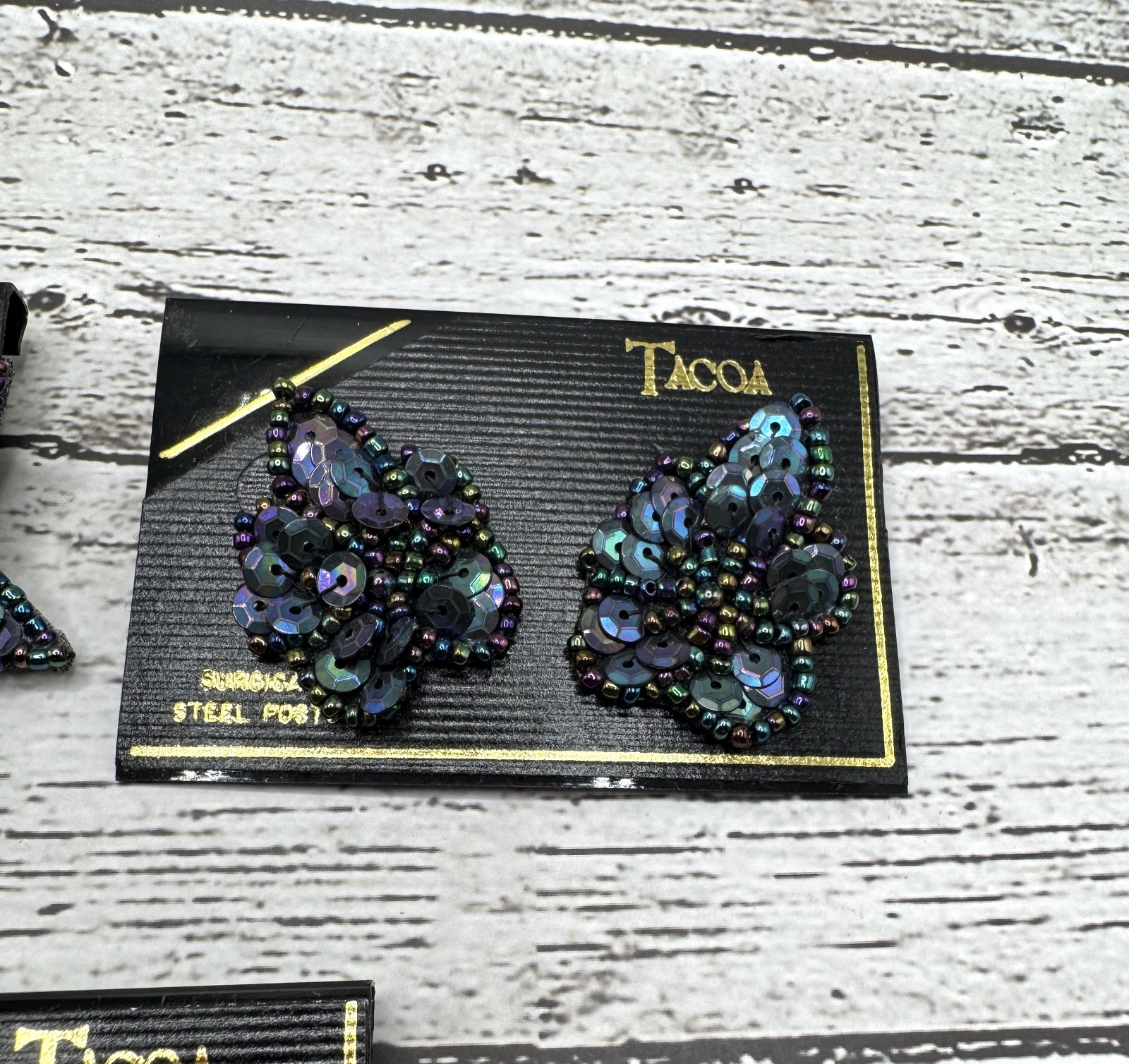 Vintage Tacoa Sequin w Beads Pierced Earrings Dark Iridescent Bling- 3 Pair- NWT