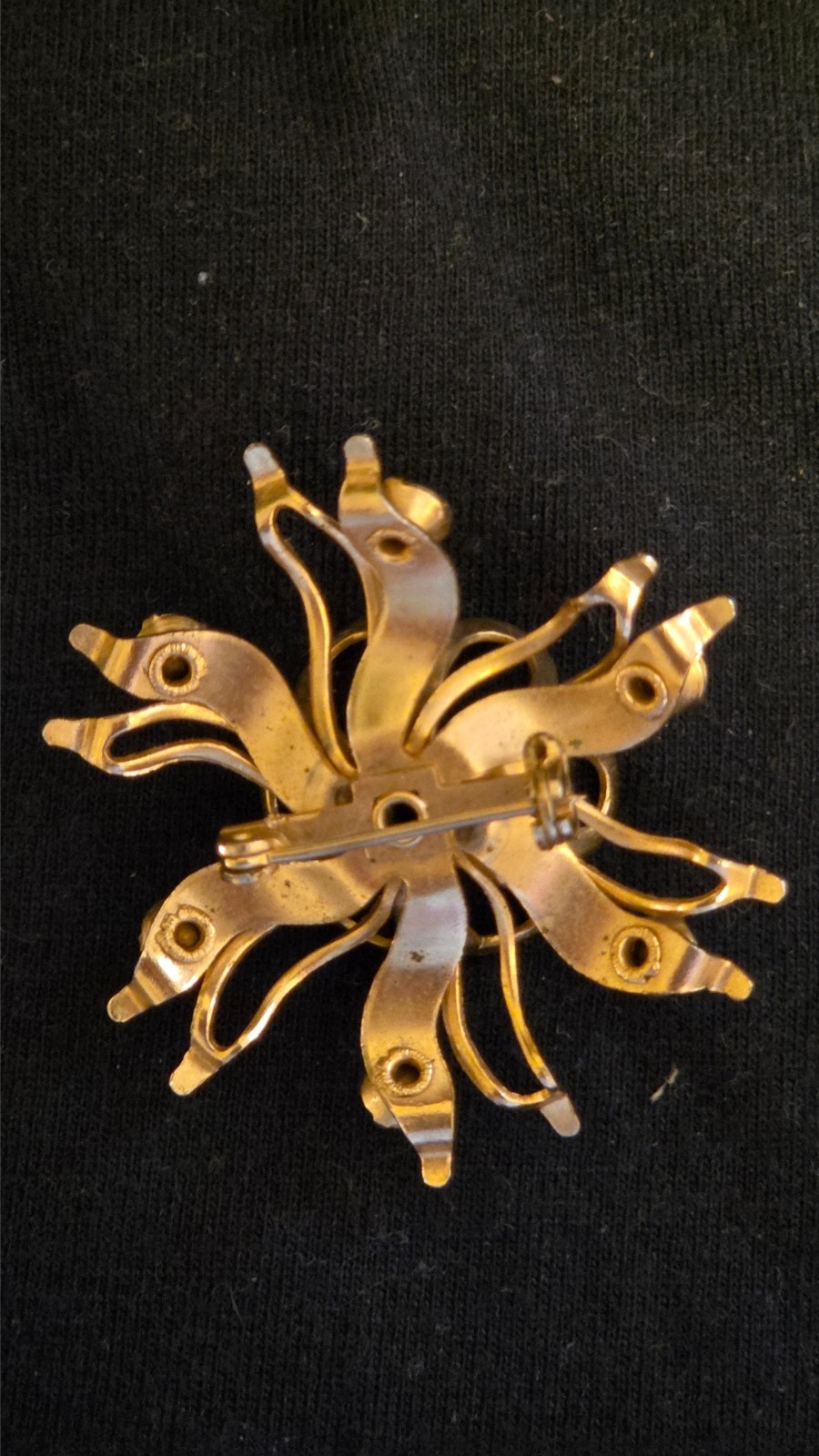 Mid‑Cent modern pin with floral design/ribbon petals /clear and aqua rhinestones