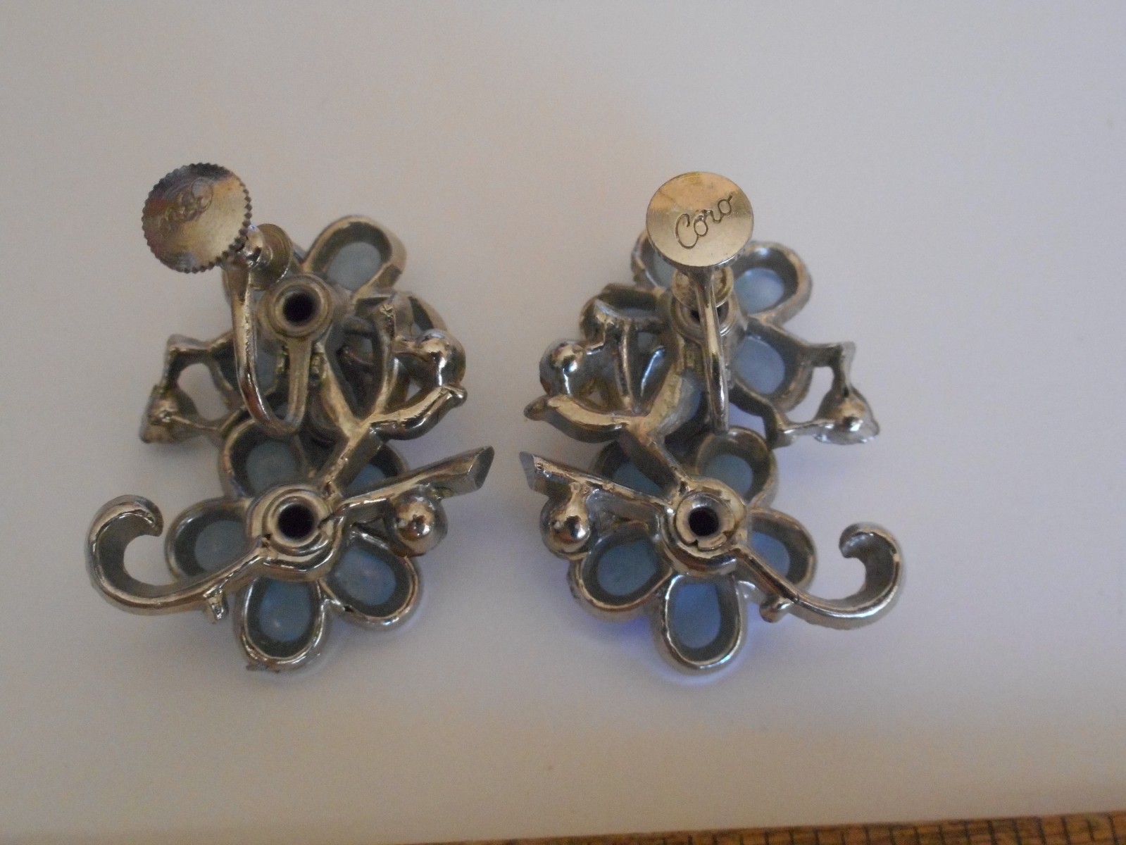 Coro Earrings . Vintage Screw Post . Blue with White Metal Setting