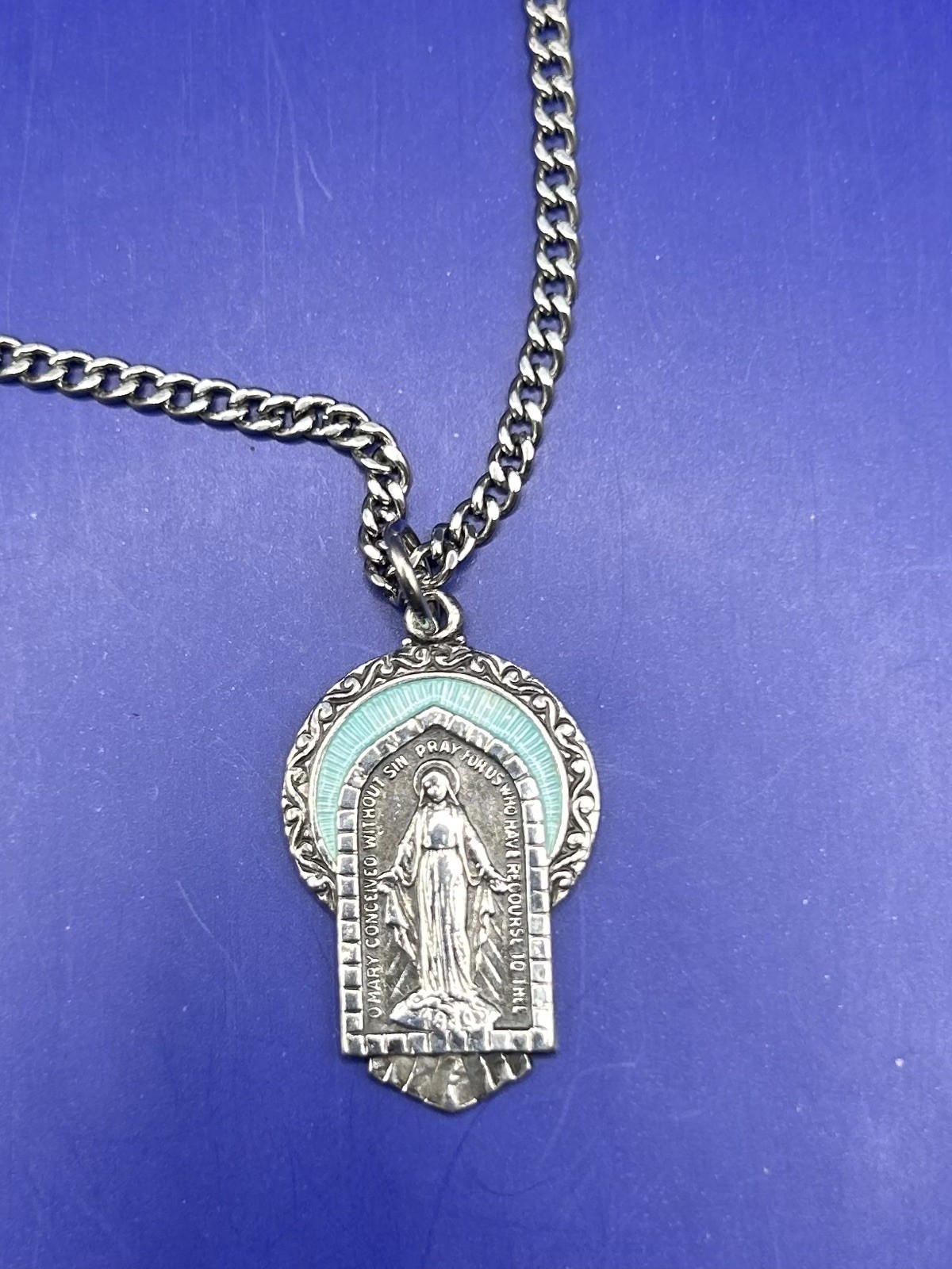 Antique Virgin Mary Pendant And Neck Chain. Sterling Silver with enameling.