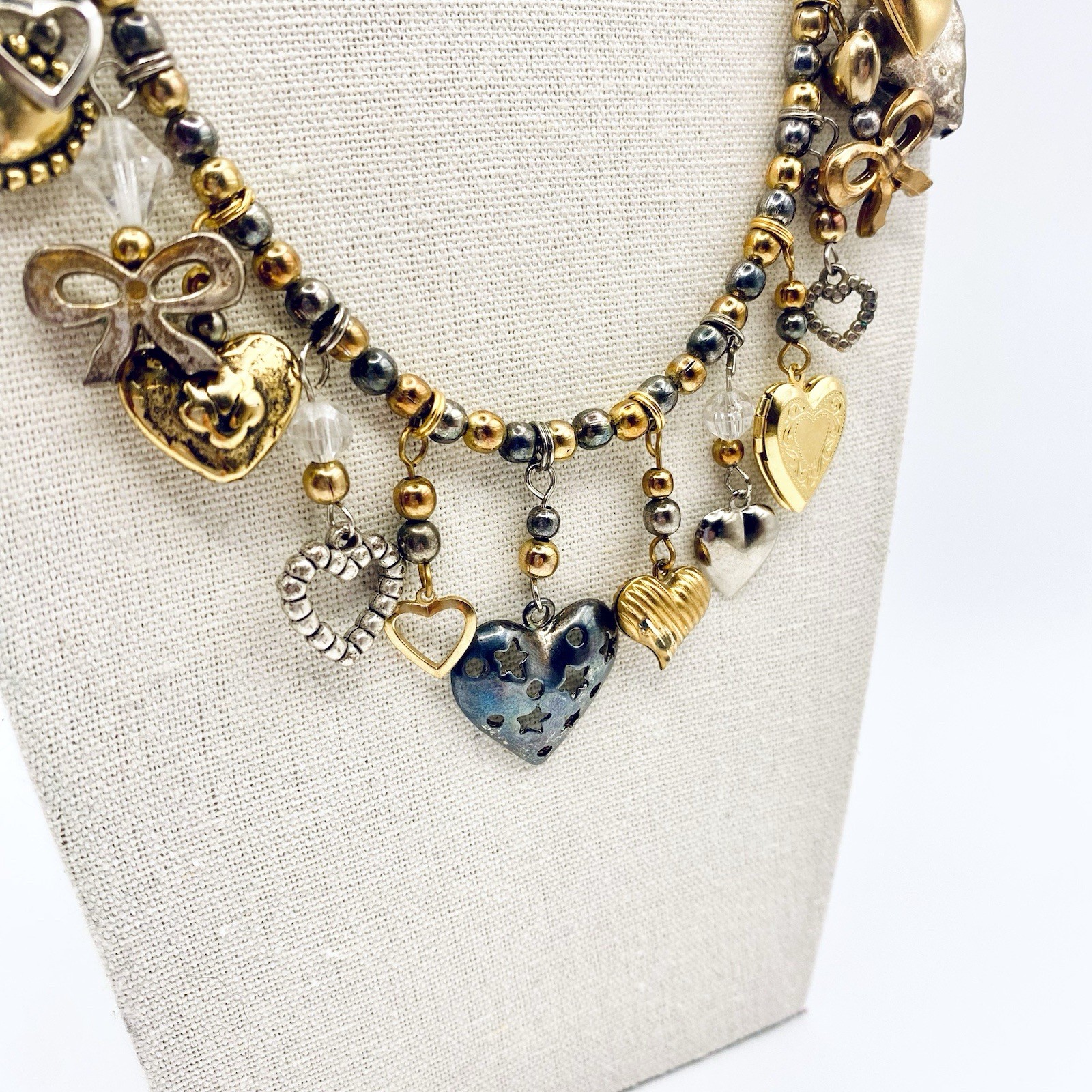 Vtg Estate Silver Bronze Gold Tone 24 Charms Necklace Glass Works Studio Style