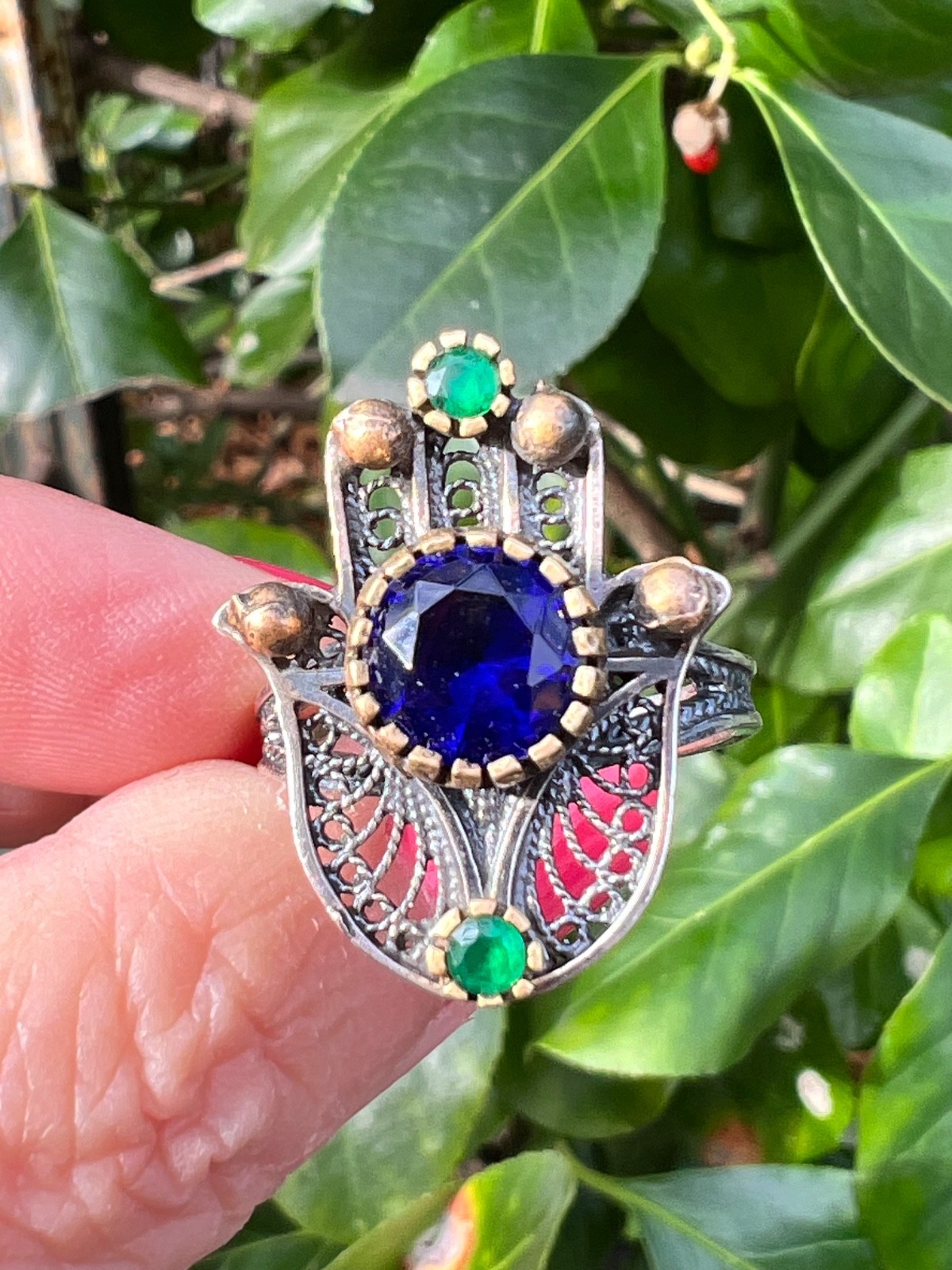 VINTAGE HAMSA VIVID BLUE GREEN PASTE GLASS STONES 925 STERLING SILVER UNIQUE