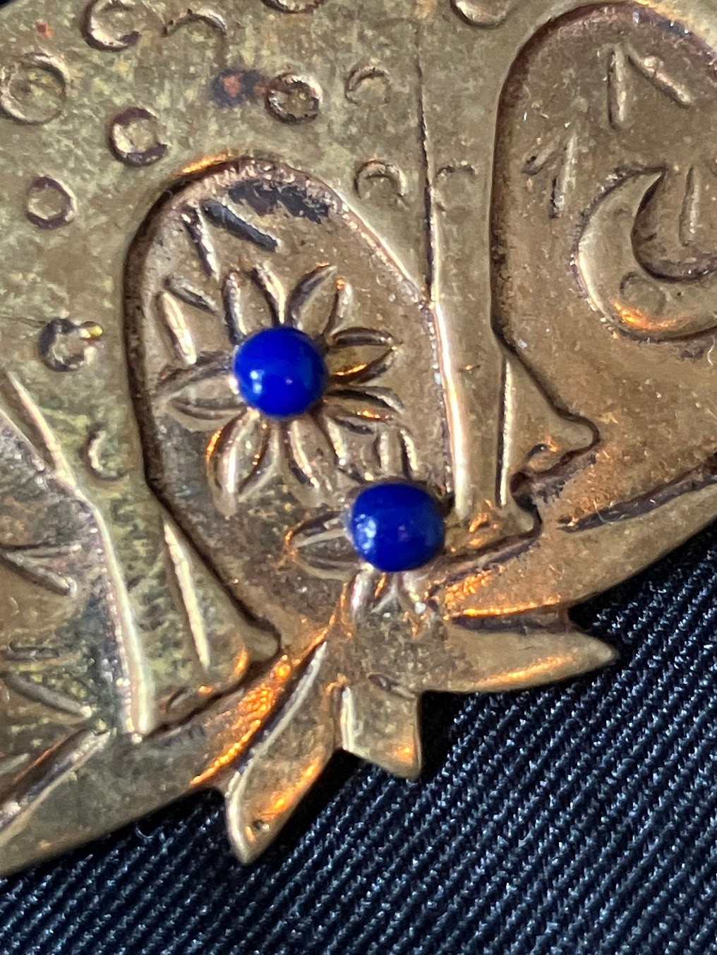 Vintage Leopard Brass Brooch Safari Jungle Lapis Lazuli Gold Wash Artisan Pin