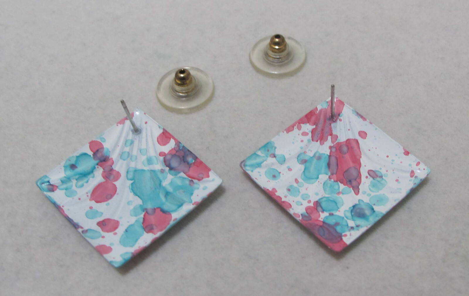 Fun! Vintage Pink Purple Aqua White Splatter Enamel Diamond-Shape Post Earrings