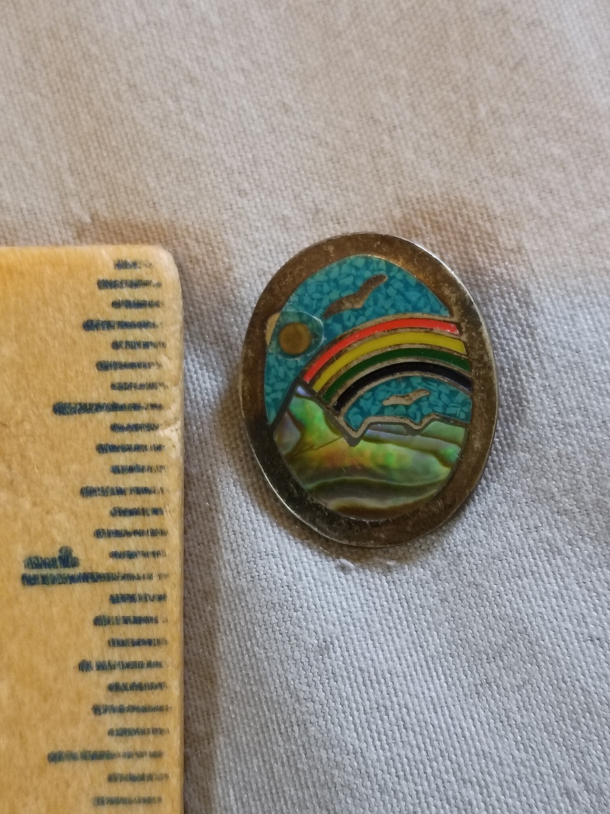 Vintage Abalone, Turquoise Chip Inlay, and Enamel Rainbow Pendant.