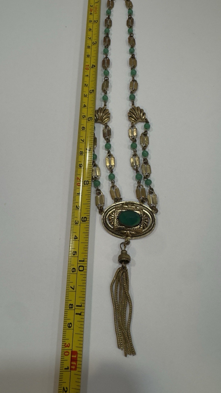 Antique Victorian Revival Green Chrysoprase Glass & Tassel Necklace Czech