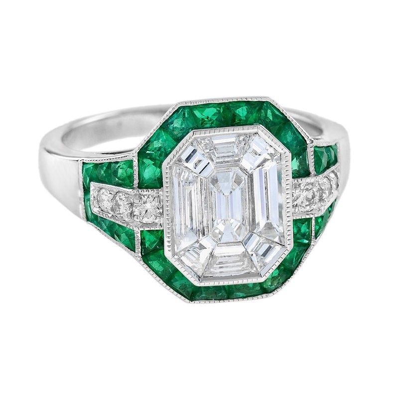 Art Deco 3Ct Lab Created Diamond and Emerald Anniversary 14K White Gold FN Ring