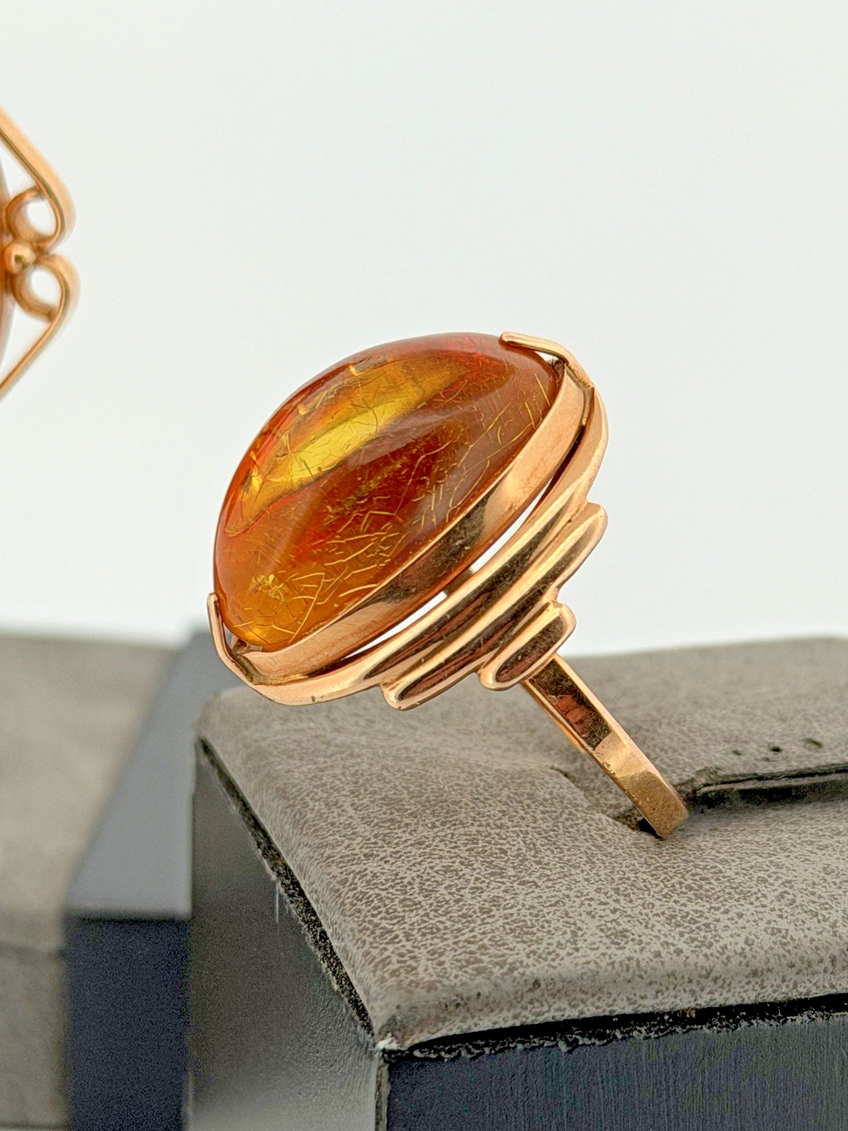 Vintage Russia 14K 585 Rose Pink Gold Honey Amber Earrings And Ring Set