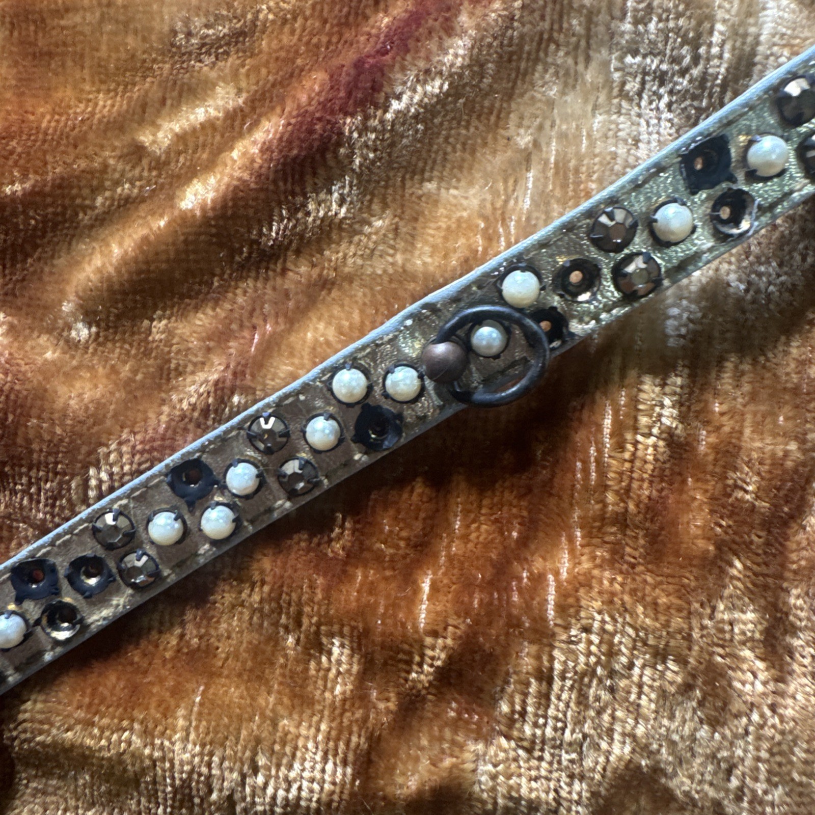 Vintage 1950s Leather & Rhinestone Dog Collar To Be Worn As Choker Necklace