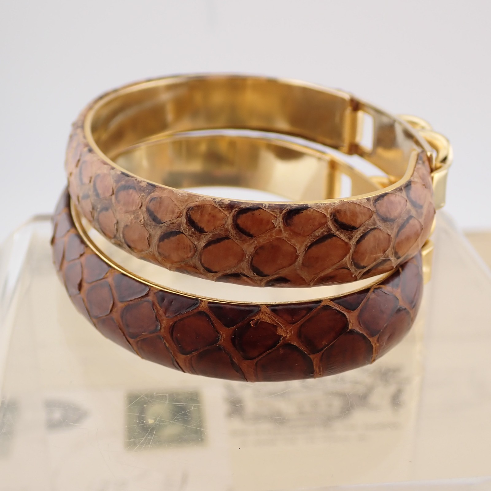VTG Pair Set of 2 Brown Snake Skin Gold Tone Tension Closed 6 1/2″ Bracelet Lot