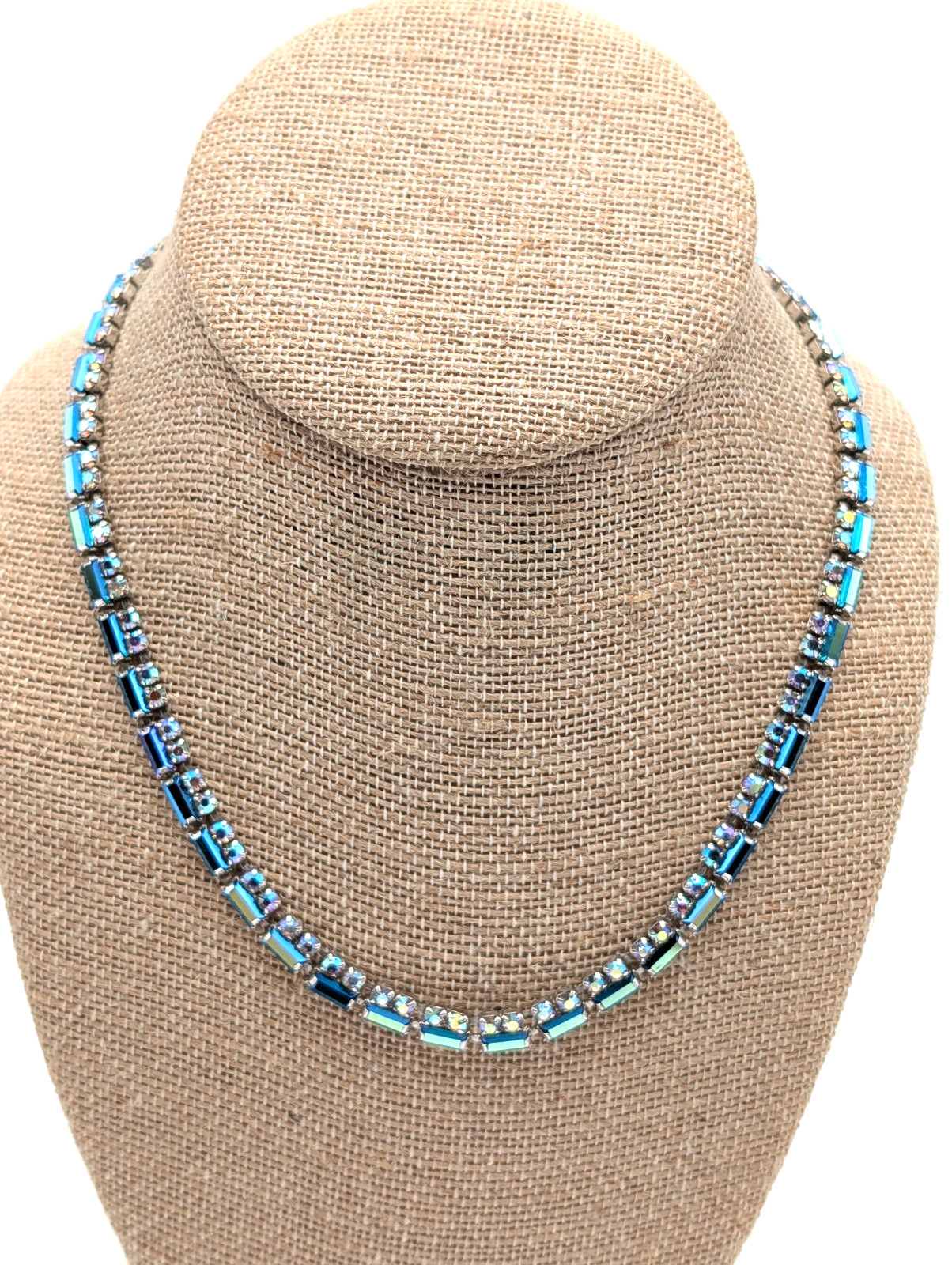 Vintage Vendome Blue and Aurora Borealis Glass Stones 16 1/2 Inch Necklace