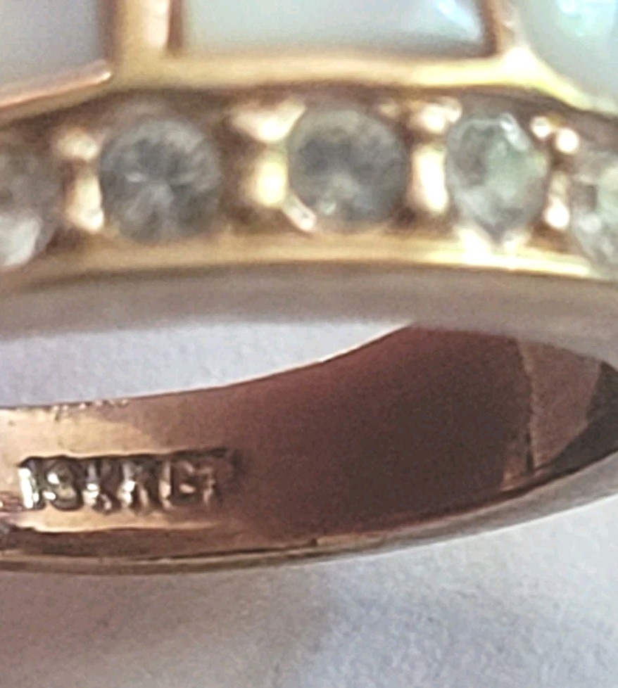 Vintage 18K Rolled Gold Plate Ring Wt 7.4 Grams Mop Inlay / Rhinestone Size 8