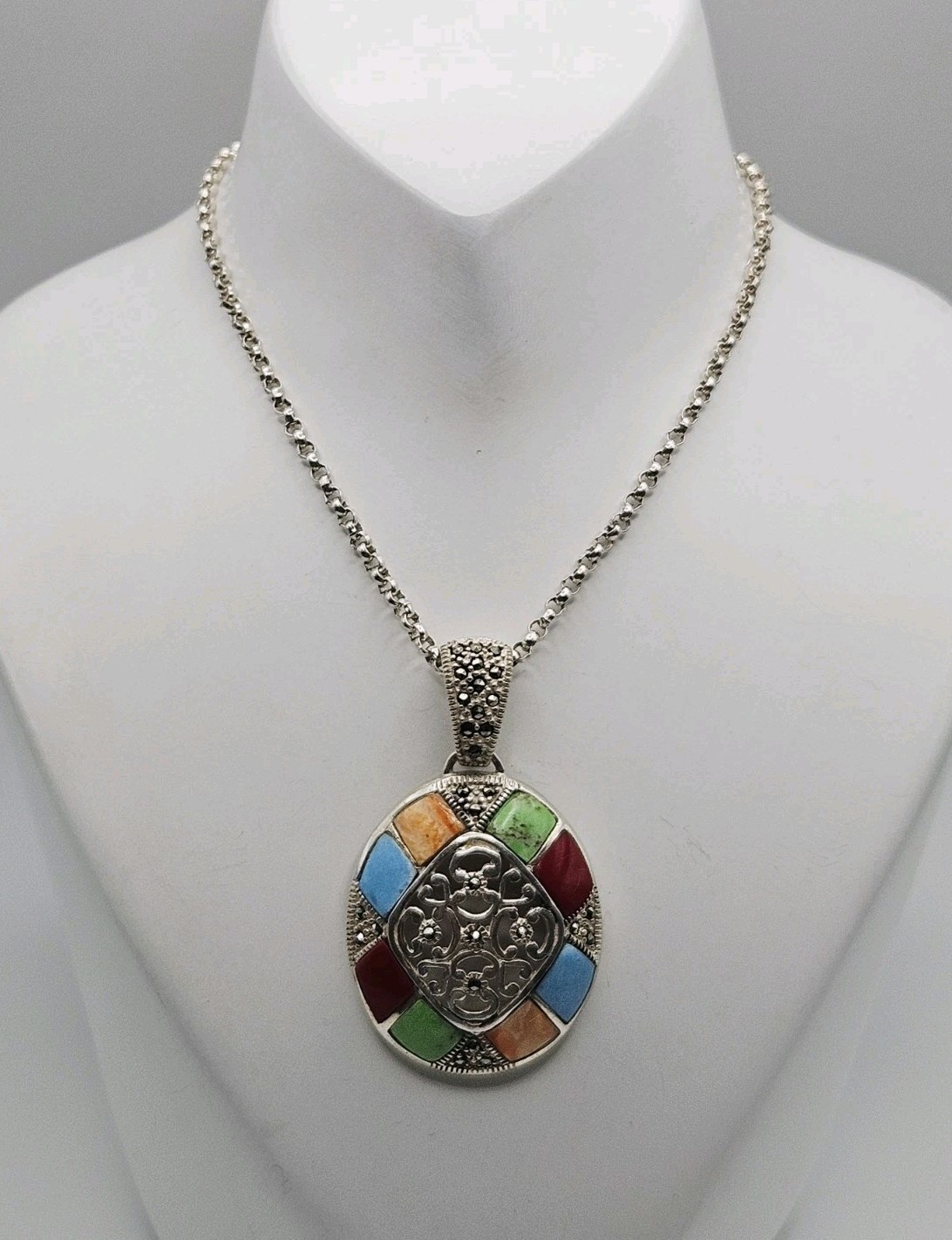 Sterling Silver Turquoise, Red Coral, Jasper & Marcasite Pendant Necklace 24″