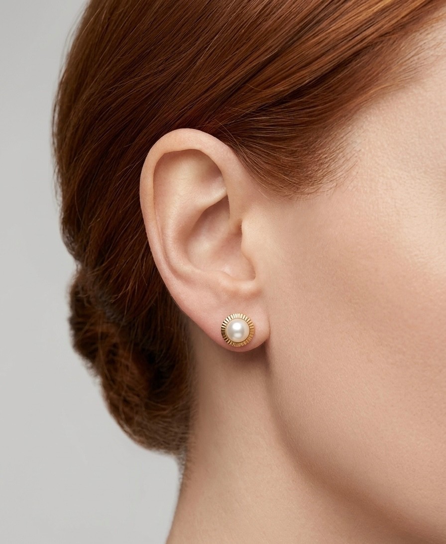 Vintage 10K Yellow Gold Ribbed Bezel Pearl Stud Earrings 8.4mm 0.9g