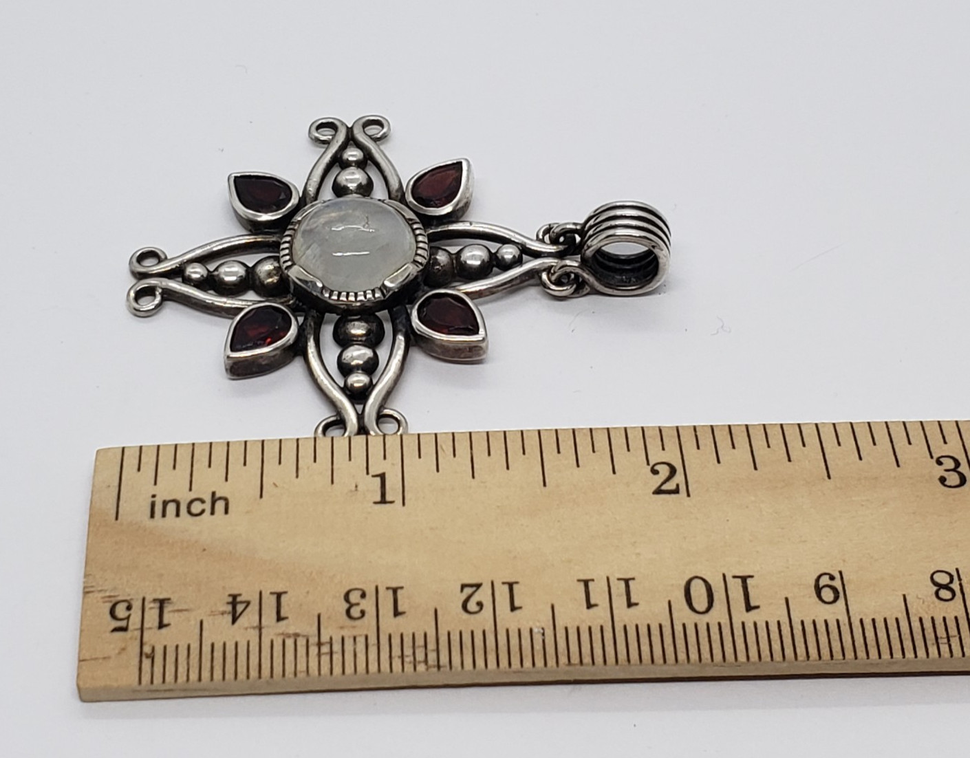 Vintage Kit Heath KTH Sterling Silver Filigree Labradorite 4 Red Stone PENDANT