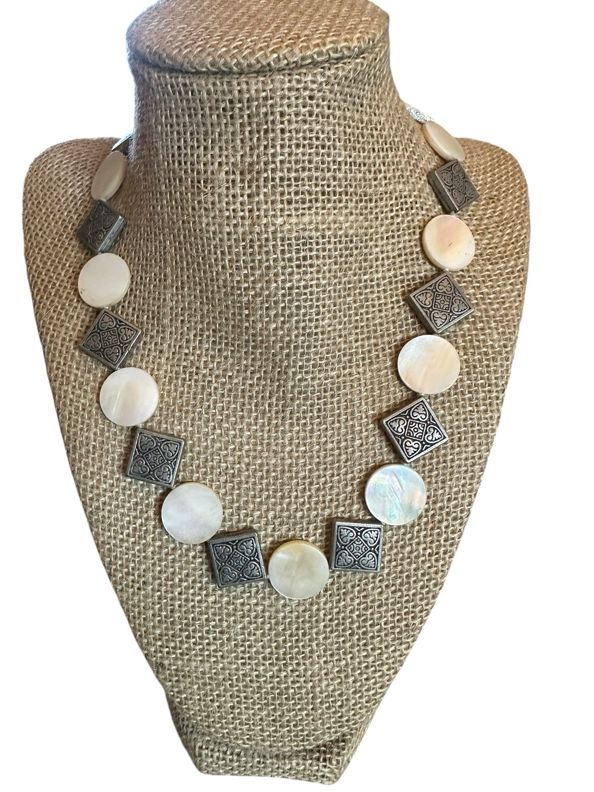 Vintage Mother of Pearl Beaded Disc Necklace With Metal Filigree Disk 18” Heavy