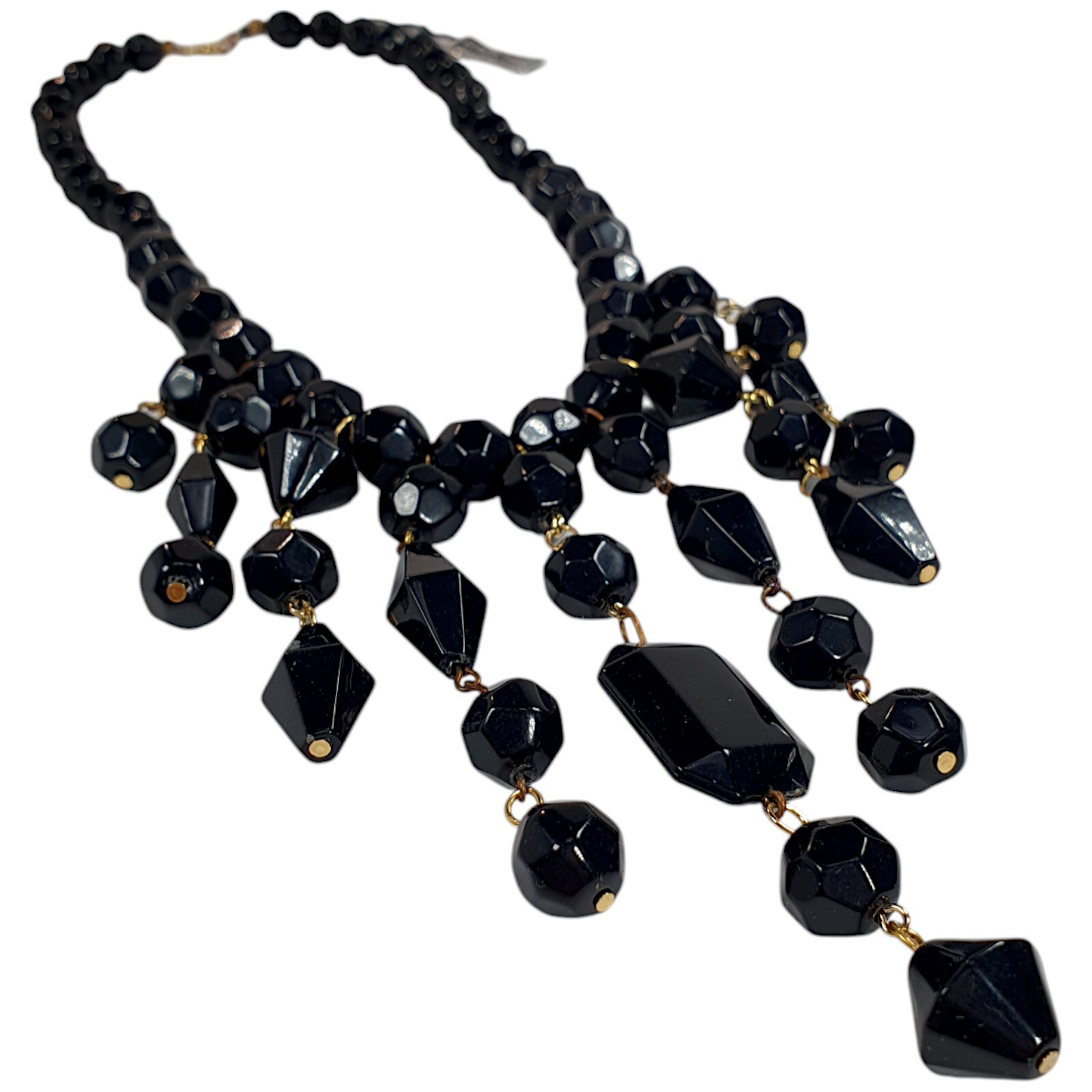 Vintage Jeweled Black Beaded Lucite Dangle Fringe Bib Choker Necklace 16″