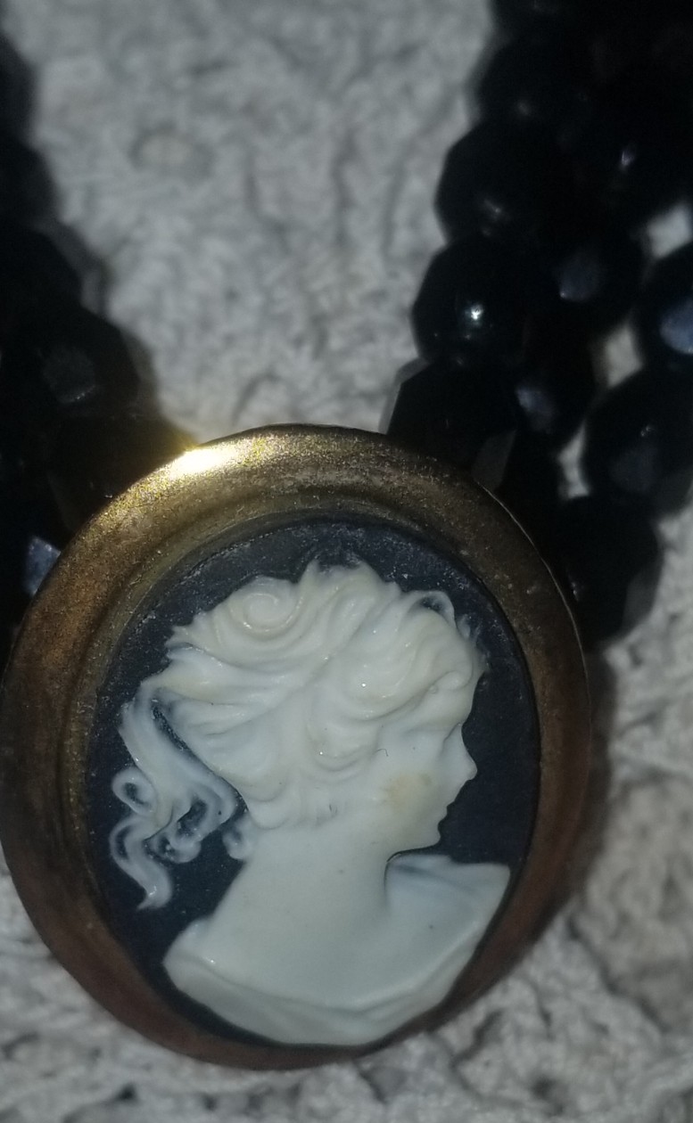 Cameo Necklace, Antique Jet Black Glass,3 Strand Choker, 16 1/2 inch, Gold Tone