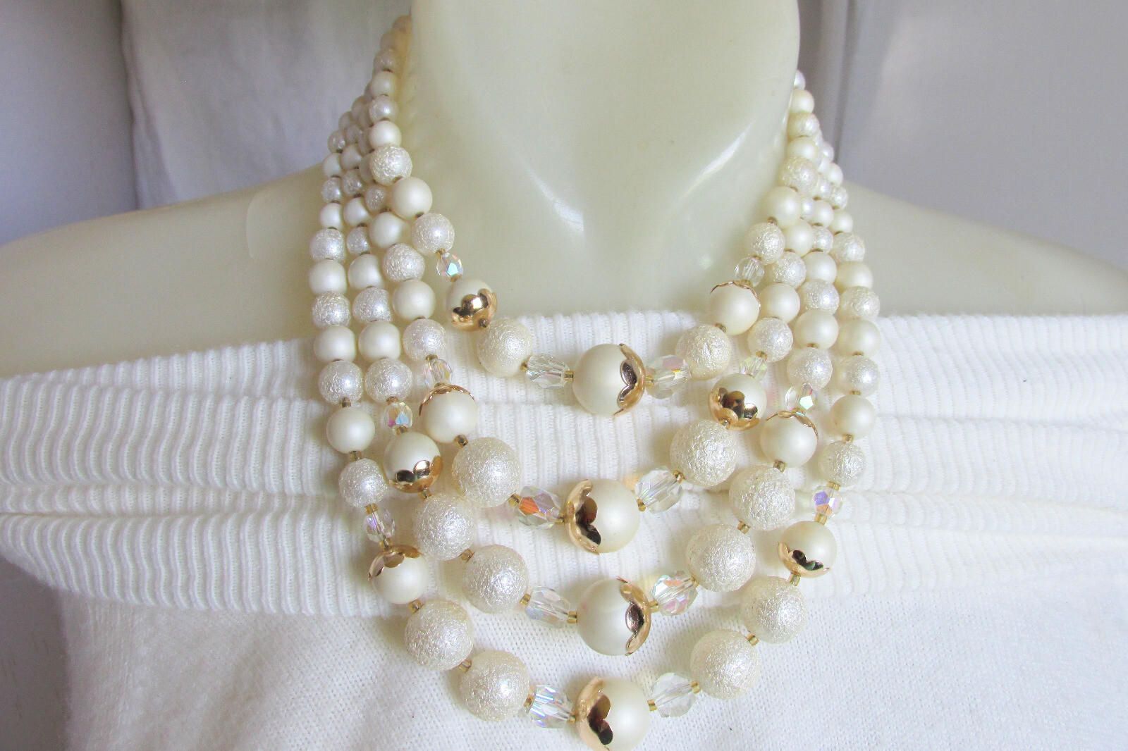 Cream AB Crystal Beads Bib Choker Necklace Textured Satin Vintage Retro JAPAN