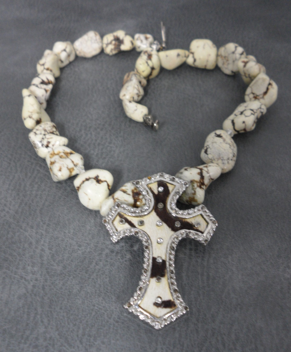 Cowhide Cross Pendant Necklace White Turquoise Nugget Beads Country Cow Girl Vtg