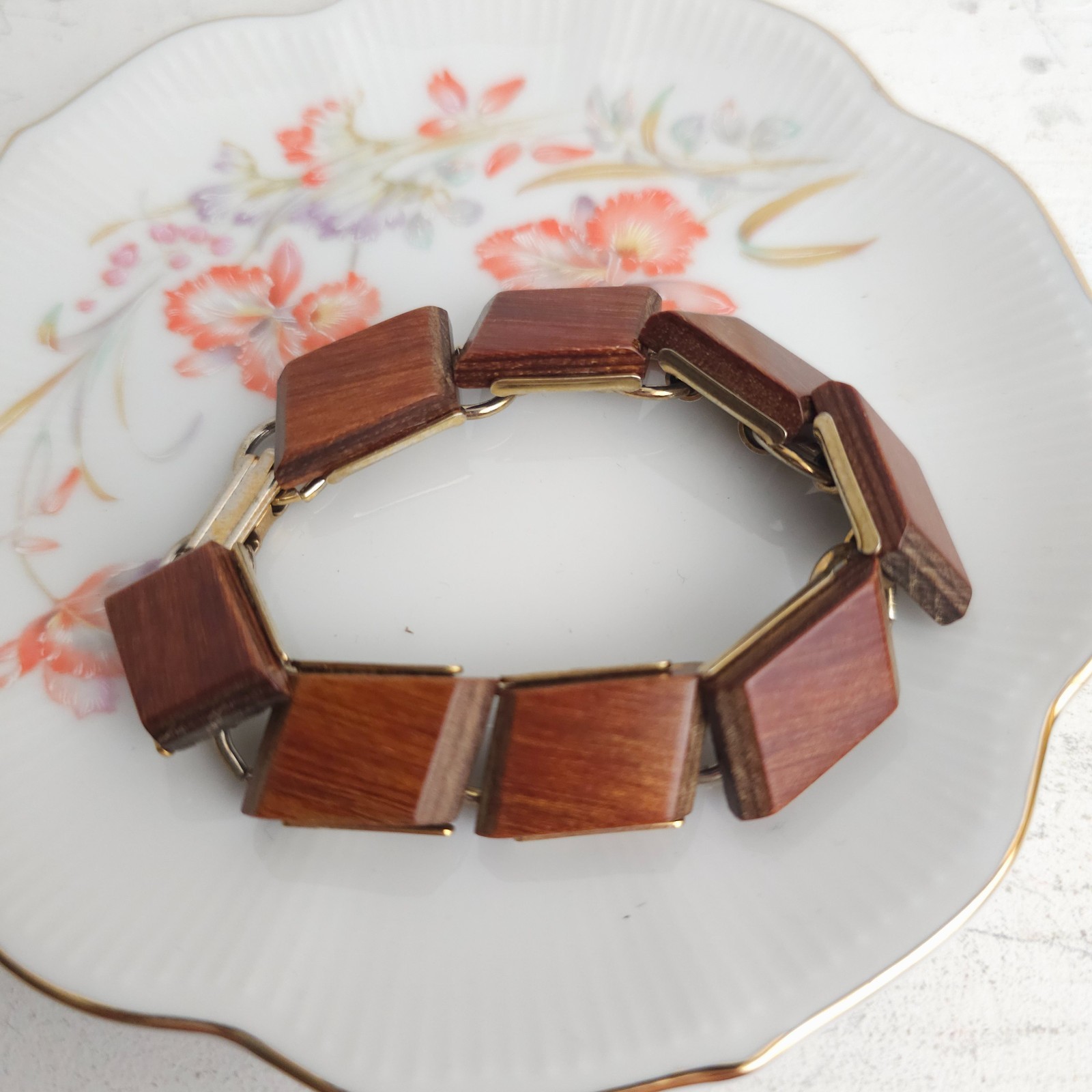 Vtg Modernist MCM Wood Tile Link Bracelet Boho 1960s 70s Earthy Natural Minimal