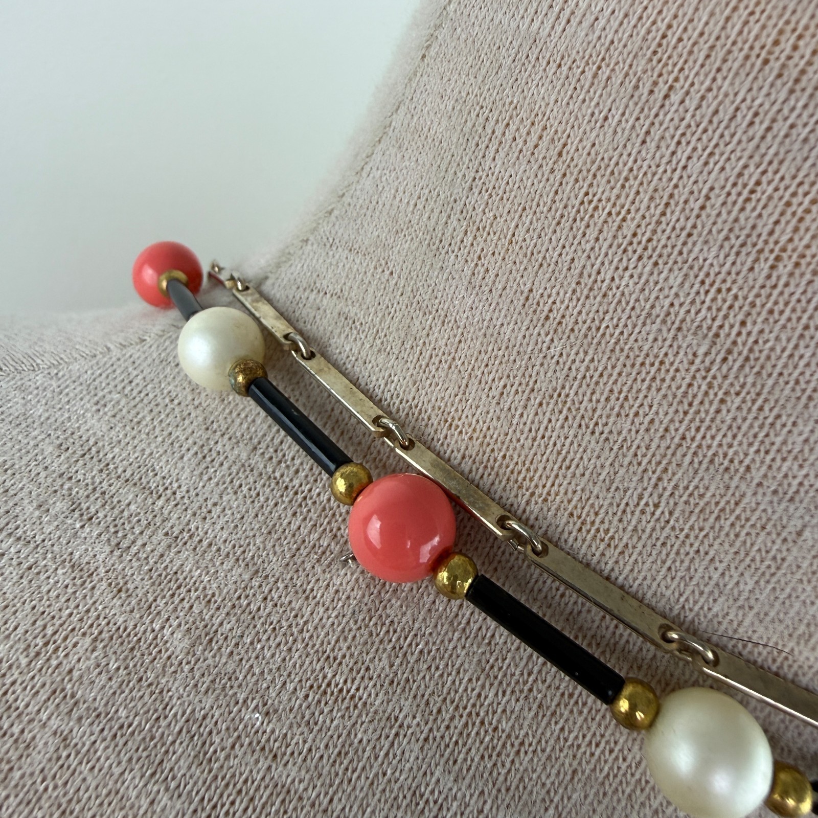 Vintage Two Strand Pink, Faux Pearl, Black Gold Tone Chain Necklace 22.5″